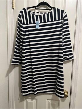 LOFT Navy and White Striped Long-Sleeve Ponte Dress